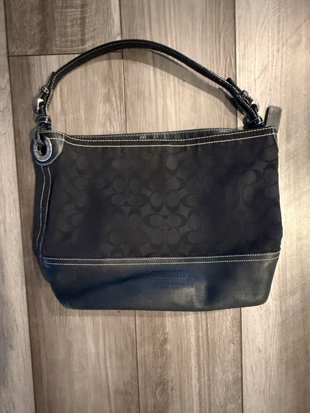 Coach Black Signature Canvas Shoulder Bag with Leather Trim